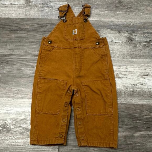 Carhartt Tan 9M Babies‎ Utility Plaid Lined Double Knee Duck Canvas Bib Overalls - Picture 1 of 13